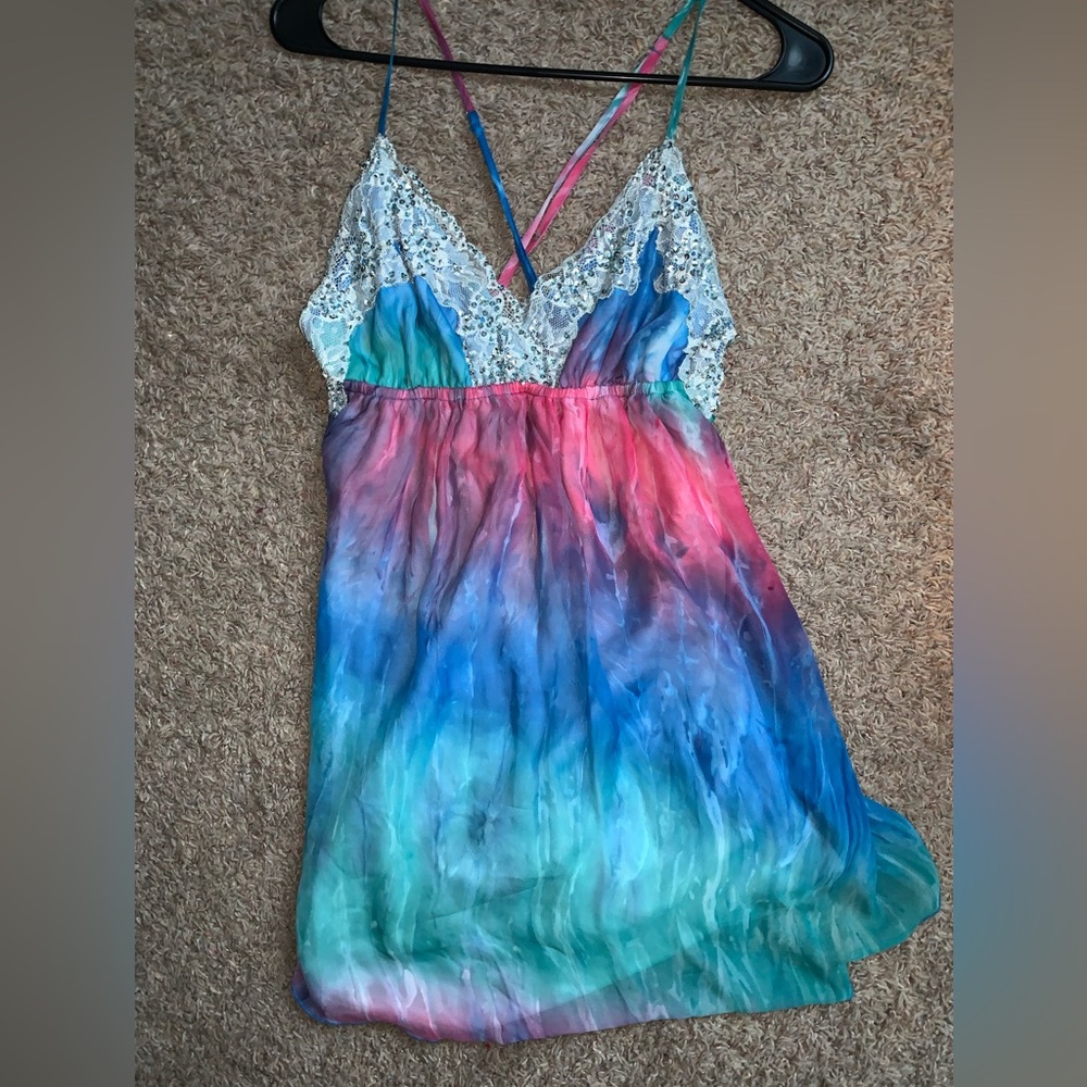 Colorful Tie-Dye Lace Trim Dress